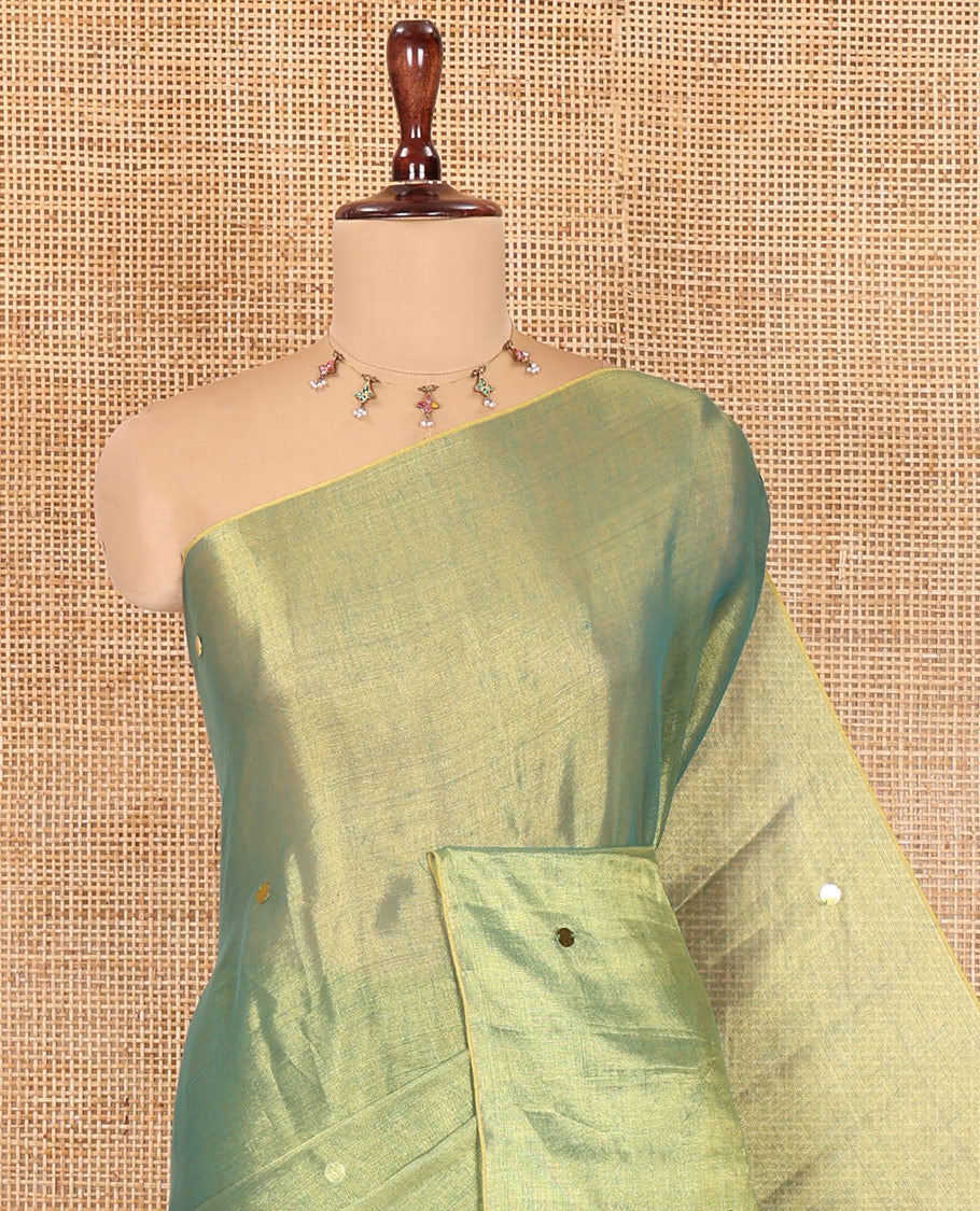 Borderless Green Khadi Tissue Saree, Gleamed Up with Sequin Work, a Self-Pallu, and a Matching Blouse