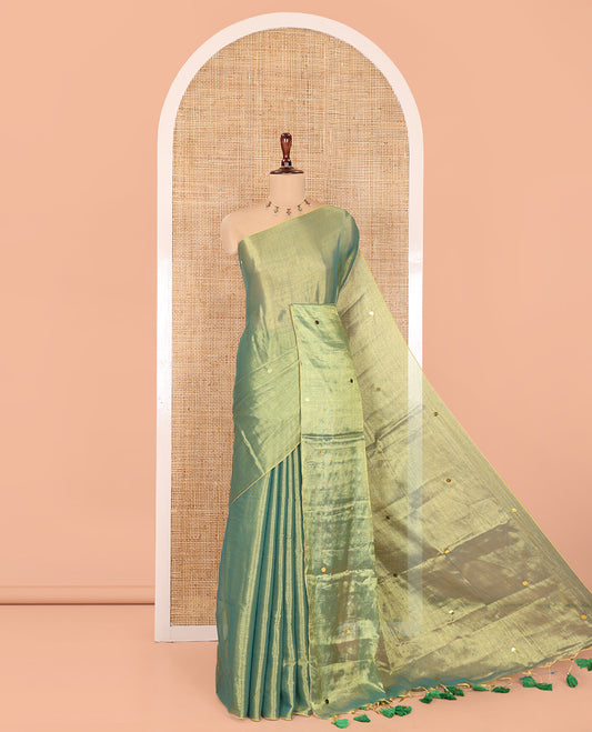 Borderless Green Khadi Tissue Saree, Gleamed Up with Sequin Work, a Self-Pallu, and a Matching Blouse