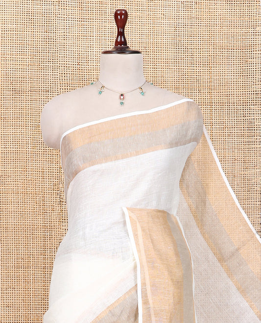 Cream Plain Linen Saree, a Contrast Zari Border, Zari Thick Striped Pallu, and a Matching Blouse