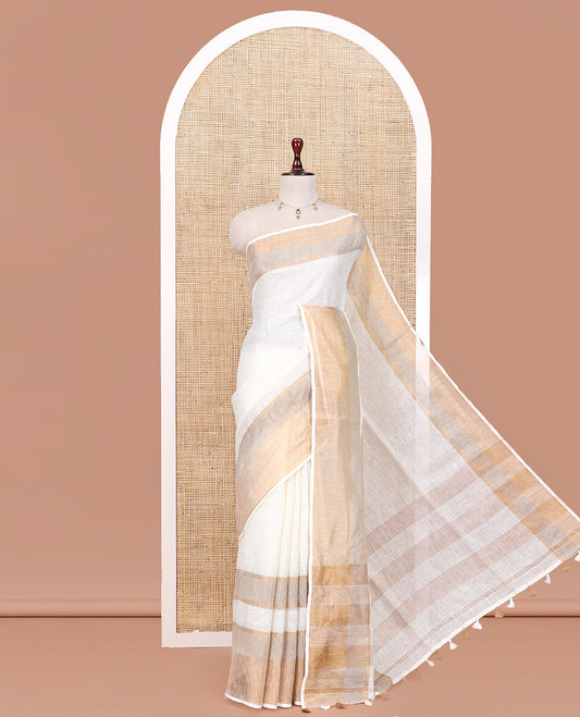 Cream Plain Linen Saree, a Contrast Zari Border, Zari Thick Striped Pallu, and a Matching Blouse