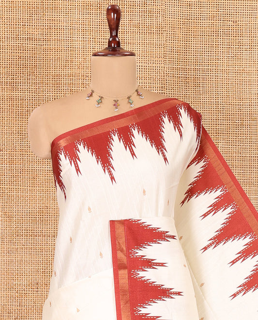 Cream-Maroon Katan Silk Saree Features Buttas, Complemented by Contrast Temple Zari Border, Striped Pallu, and a Contrast Blouse