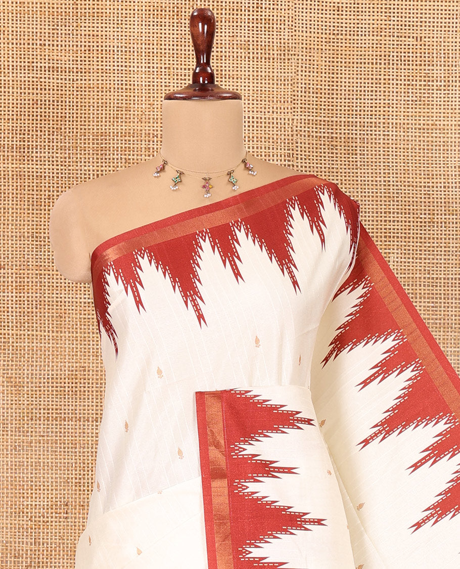 Cream-Maroon Katan Silk Saree Features Buttas, Complemented by Contrast Temple Zari Border, Striped Pallu, and a Contrast Blouse