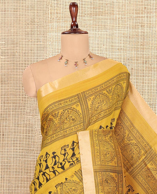 Yellow Semi-Silk Cotton Saree, Adorned with Warli Print, a Tissue Border, Contrast Warli Printed Pallu, and a Contrast Blouse