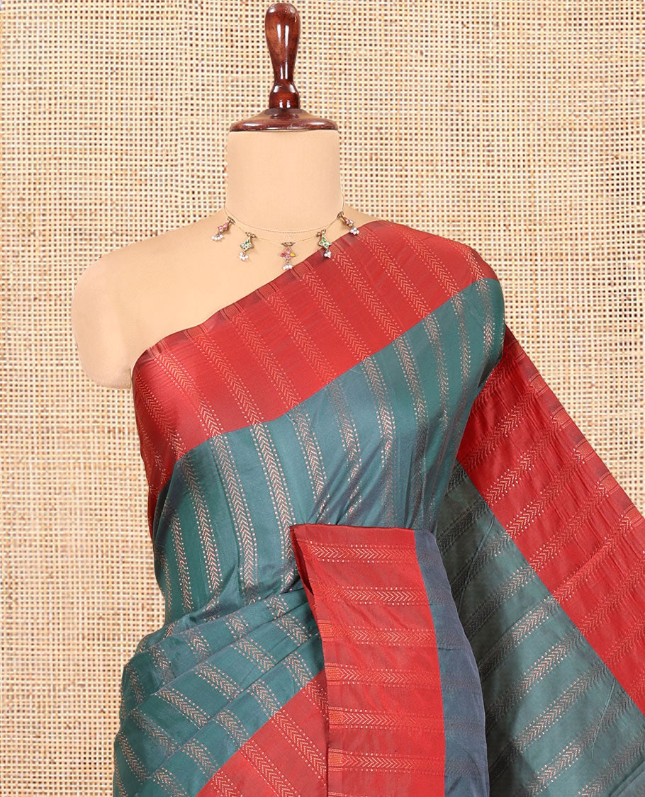 Peacock Green  Semi-Soft Silk Saree, Elevated with Chevron Stripes, Complemented by a Contrast Zari Striped Border, and a Contrast Blouse