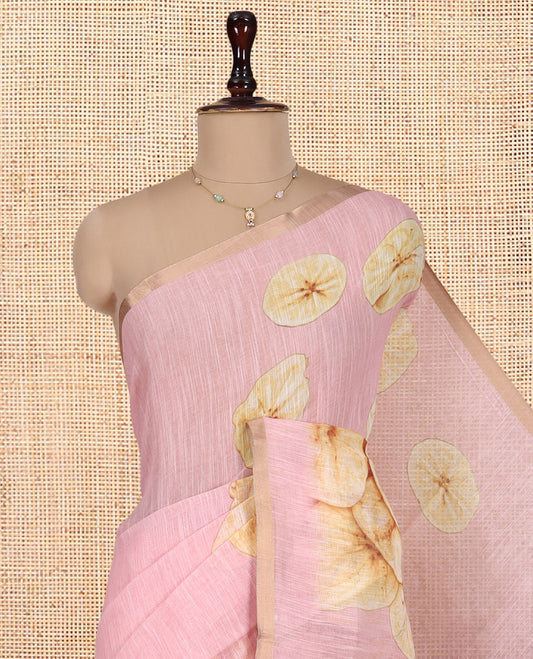 Borderless Light Pink Nentharanga Chips Printed Chanderi Cotton Saree, a Piping Border, Matching Blouse