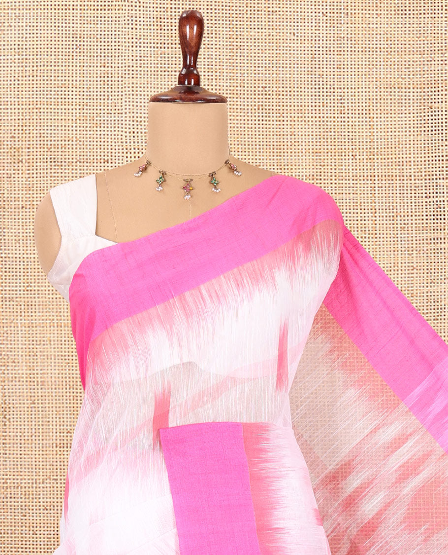 White-Pink Khadi Cotton Saree, Woven with Ikat Buttas, Contrast Blouse, Ikat Pallu, Matching Blouse
