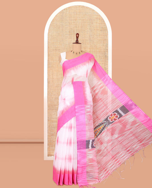 White-Pink Khadi Cotton Saree, Woven with Ikat Buttas, Contrast Blouse, Ikat Pallu, Matching Blouse