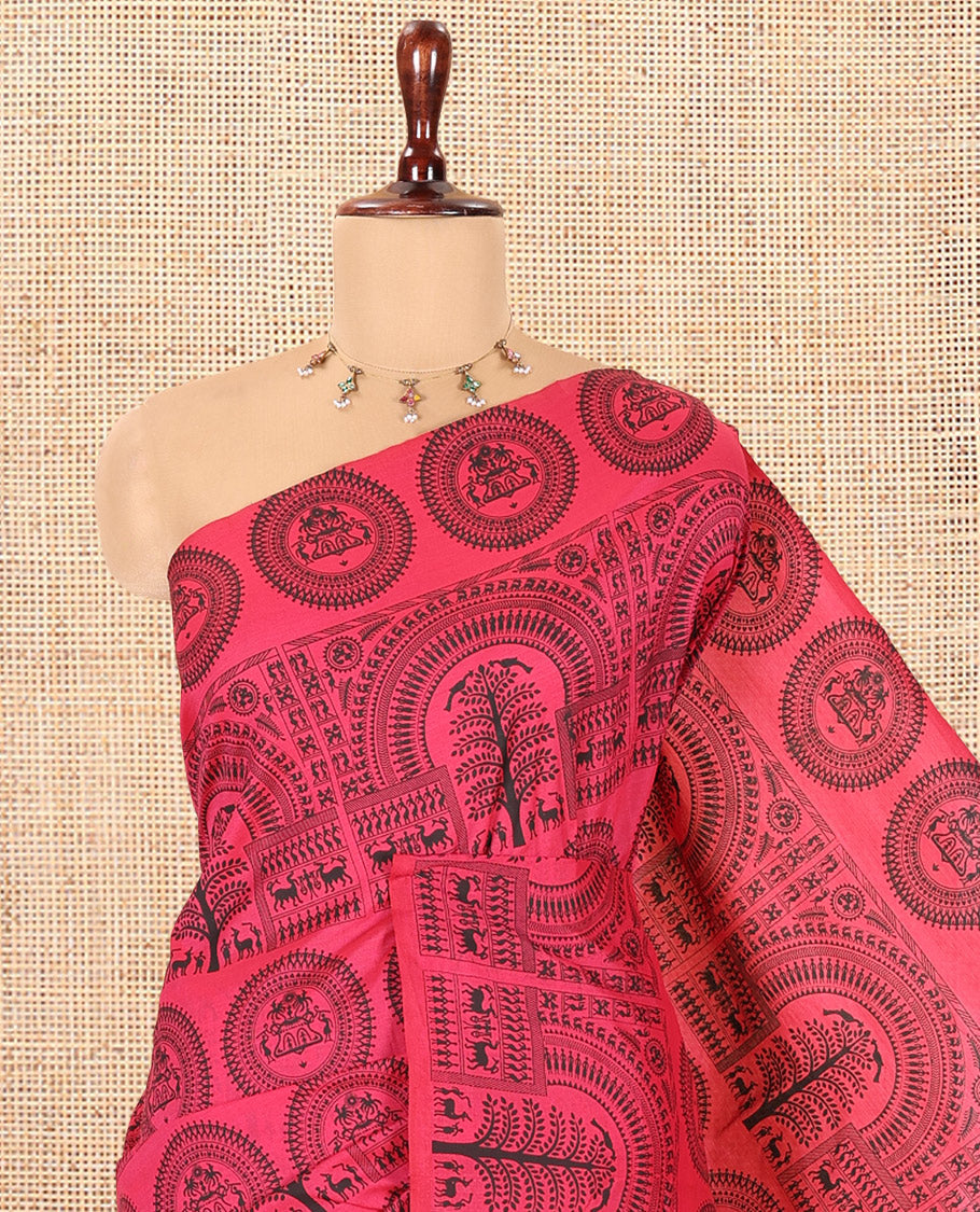 Borderless Pink Warli Printed South Cotton Saree, Printed Pallu and a Matching Blouse