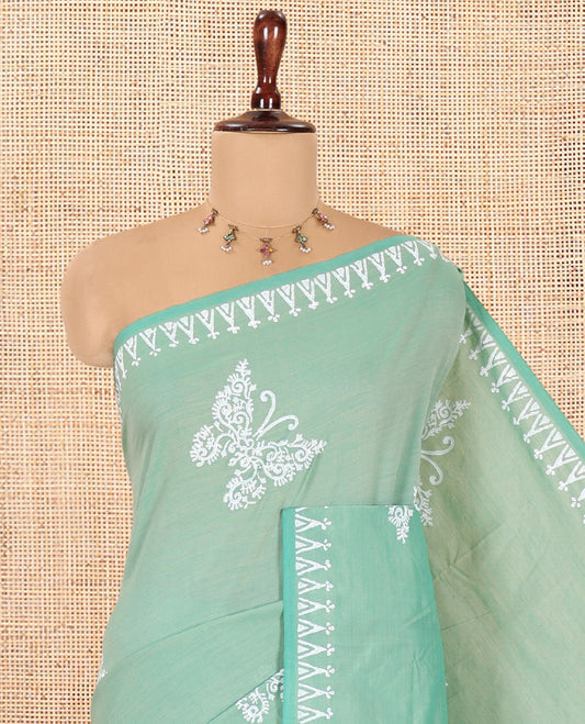 Green South Cotton Saree Features Butterfly Motifs, a Block-Printed Border, and a Contrast Blouse