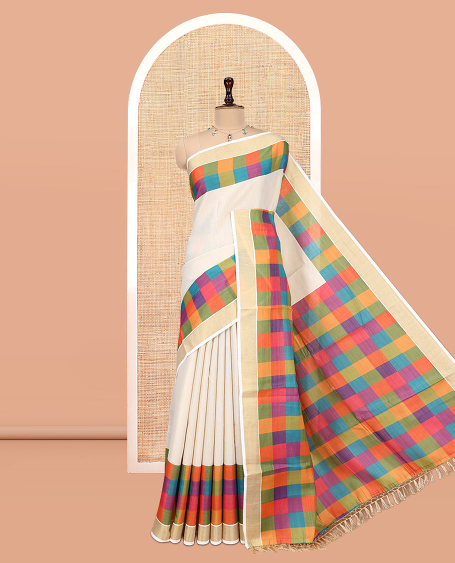 Gold Plain Kerala Tissue Cotton Saree, a Contrast Medium-Size Multi-Color Checked Border, Checked Pallu, and a Contrast Blouse