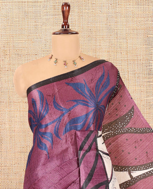 Lavender Batik-Style Floral Printed Art Khadi Cotton Saree, a Contrast Border, and a Matching Blouse