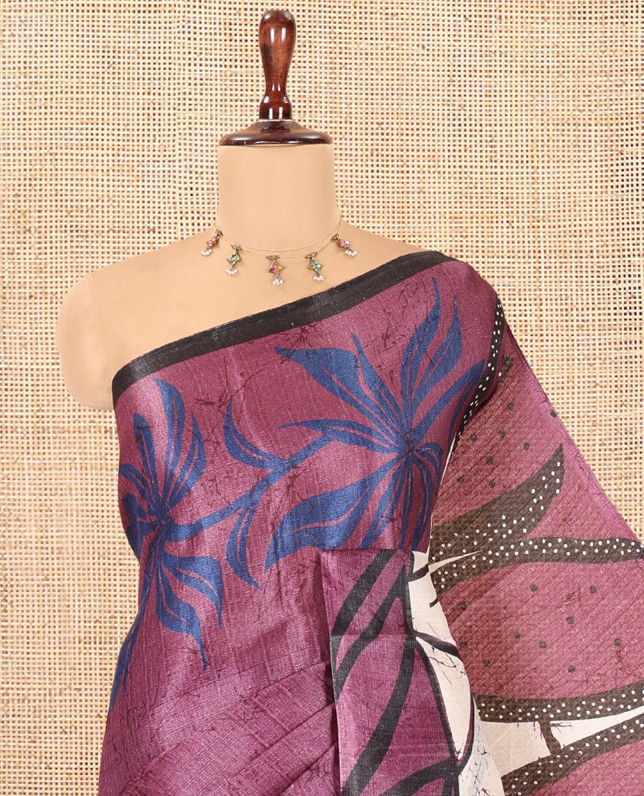 Lavender Batik-Style Floral Printed Art Khadi Cotton Saree, a Contrast Border, and a Matching Blouse