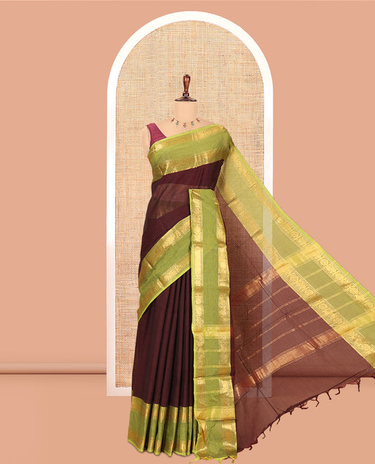 Coffee Brown Plain Chettinad Cotton Saree, a Contrast Rettai Pettu Peacock-Chakra Border, Striped Pallu, a Matching Blouse