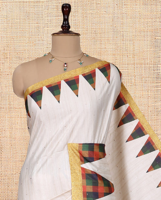 Cream Katan Silk Saree, Woven with Zari Buttas, a Multi-Color Checked Temple Border, and a Contrast Blouse
