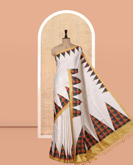 Cream Katan Silk Saree, Woven with Zari Buttas, a Multi-Color Checked Temple Border, and a Contrast Blouse