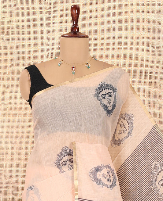 Borderless Chikku Linen Cotton Saree Showcasing Face Print, Contrast Pallu of Chevron Stripes and Face Print, a Contrast Blouse