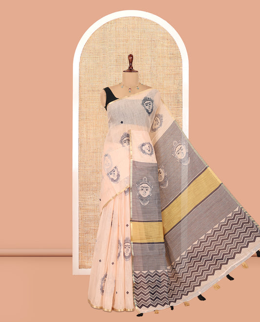 Borderless Chikku Linen Cotton Saree Showcasing Face Print, Contrast Pallu of Chevron Stripes and Face Print, a Contrast Blouse