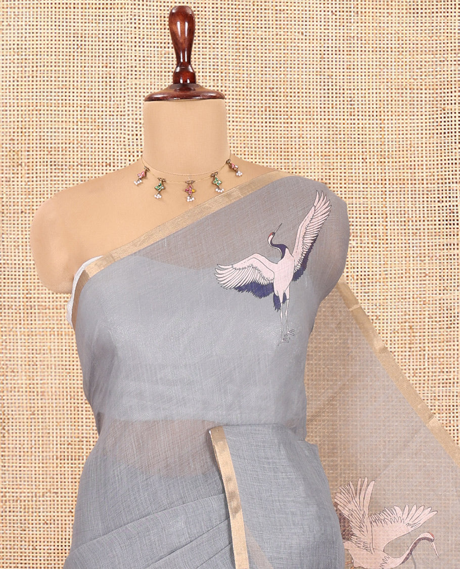 Borderless Grey Linen Cotton Saree, Adorned with Crane Motifs Print, and a Matching Blouse