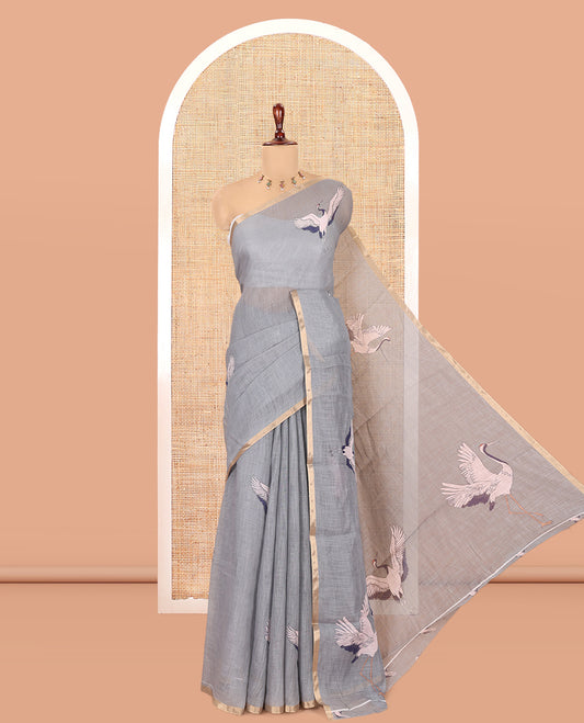 Borderless Grey Linen Cotton Saree, Adorned with Crane Motifs Print, and a Matching Blouse