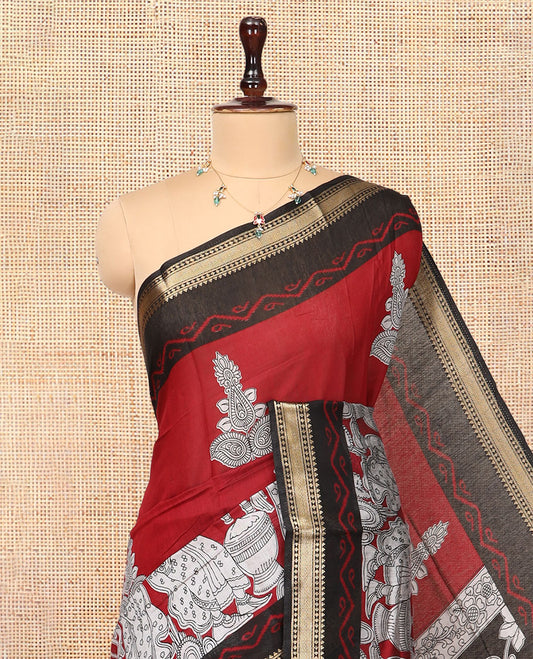 Maroon Chanderi Cotton Saree, Accentuated with Kalamkari Print, a Contrast Zari Border, Kalamkari Pallu, a Contrast Blouse
