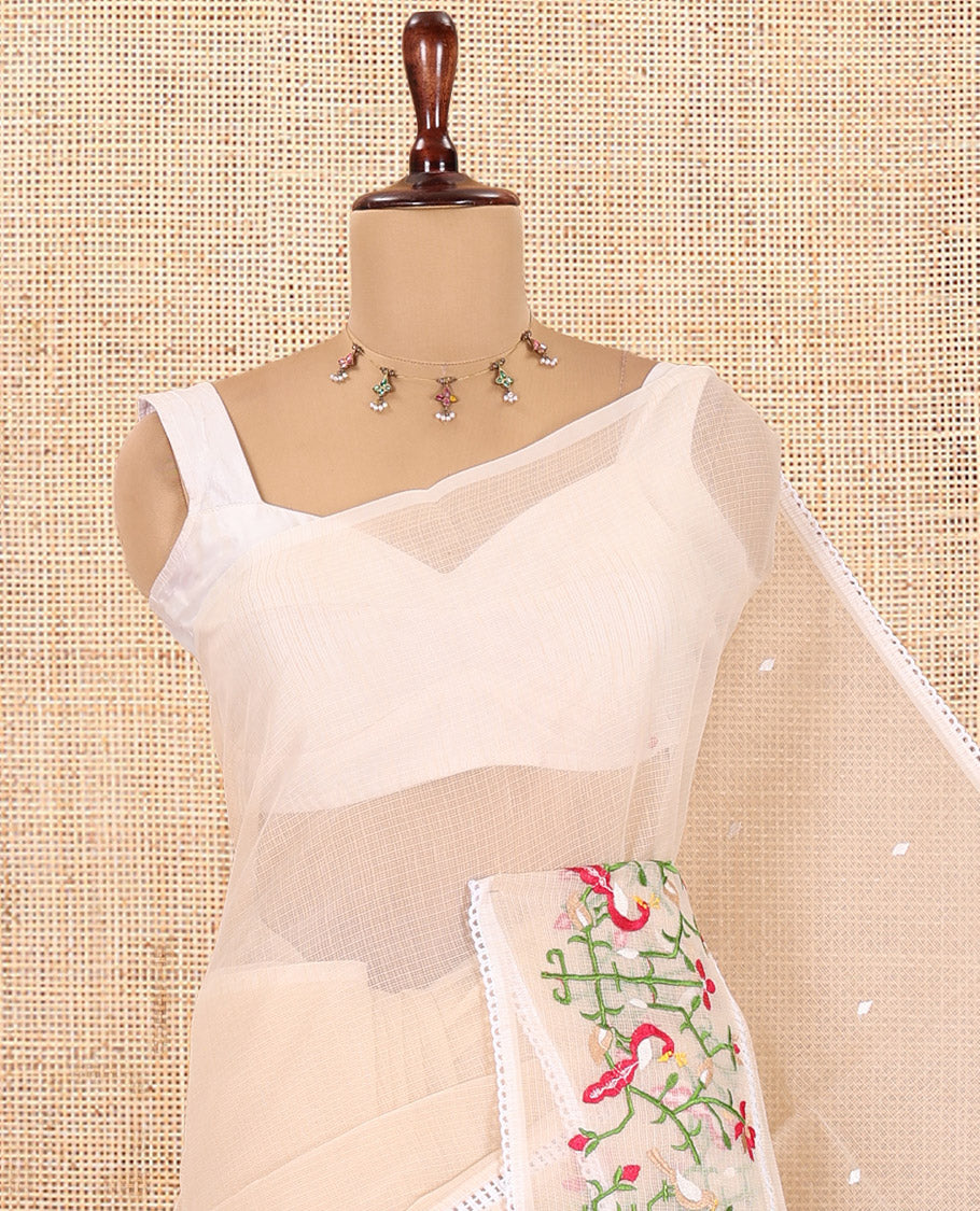 Cream Kota Doria Saree, Subtly Sparkled With Buttas, a Floral-Bird Thread Work Border, a Self-Pallu, a Matching Blouse