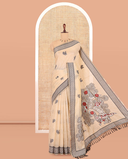 Cream Chanderi Cotton Saree, Woven with Peacock Thread Buttas, a Thread Diamond-Patterned Border, a Peacock Pallu, a Contrast Blouse