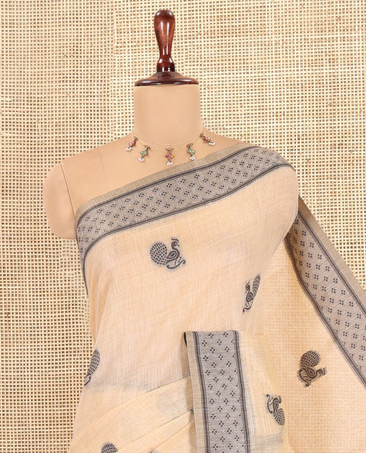 Cream Chanderi Cotton Saree, Woven with Peacock Thread Buttas, a Thread Diamond-Patterned Border, a Peacock Pallu, a Contrast Blouse