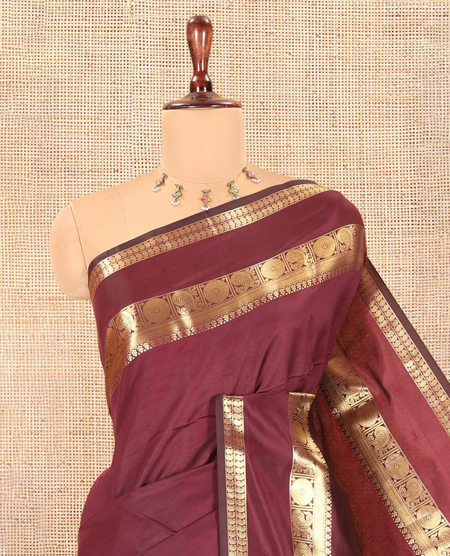 Purple Plain Semi-Katan Silk Saree, Highlighted by a Traditional Zari Border, Intricate Pallu, a Matching Blouse