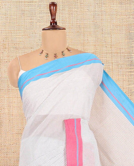 White Checked Chettinad Cotton Saree, a Contrast Ganga-Jamuna Border, Striped Pallu, No Blouse