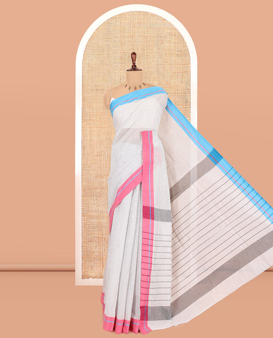 White Checked Chettinad Cotton Saree, a Contrast Ganga-Jamuna Border, Striped Pallu, No Blouse