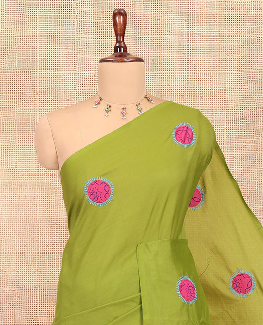 Borderless Olive Green Plain South Cotton Saree