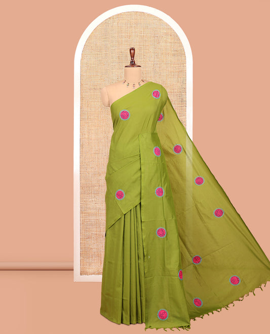 Borderless Olive Green Plain South Cotton Saree