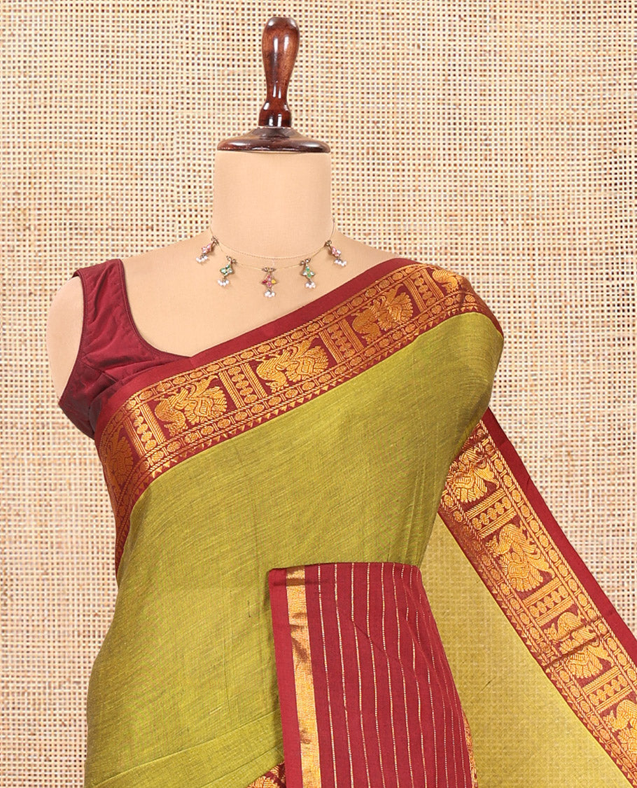 Lime Green Plain Mercerised Cotton Saree