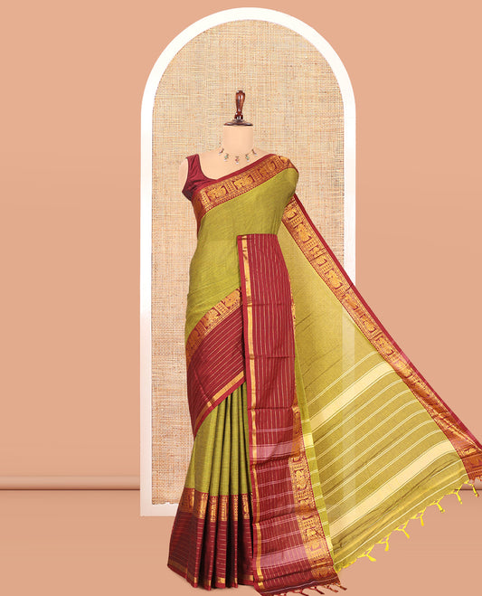 Lime Green Plain Mercerised Cotton Saree