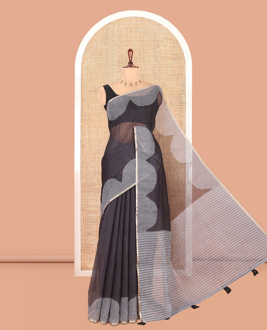 Black Plain Linen Cotton Saree