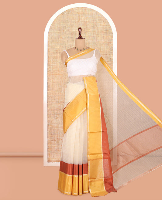Cream-Rust Semi-Organza Saree