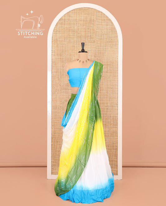 Multi-color Half-Saree, Elevated with an Ombre-Colored Viscose Georgette Skirt, a Plain Blouse, and a Striped Dhavani