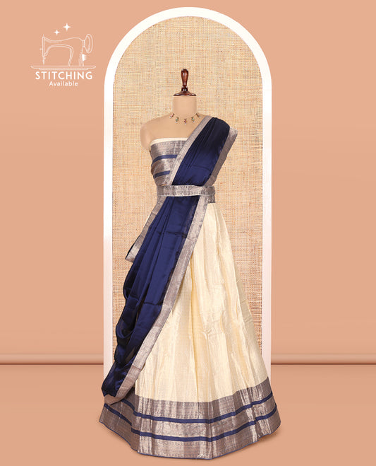 Cream-Navy Blue Semi-Silk Half-Saree