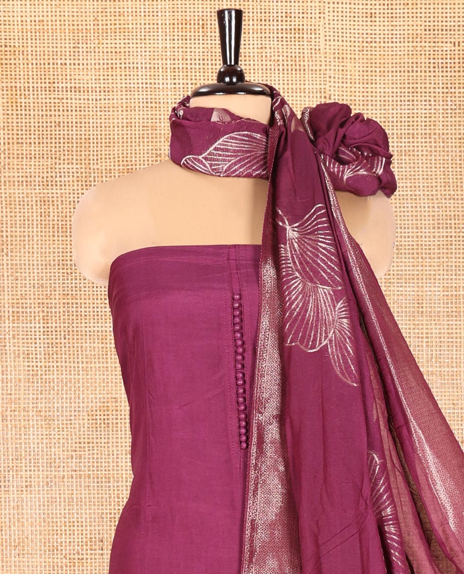 Purple Semi-Silk Material Chudidar Set, Adorned with Pom-Pom Necklined Top, a Plain Santoon Bottom, and Paired Floral Zari Woven Semi-Silk Dupatta