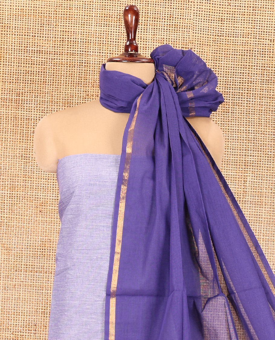 Lavender Handloom Material Chudidar, Peacock-Chakram Motifs-Threaded Top, a Contrast Plain Bottom, and a Contrast Dupatta