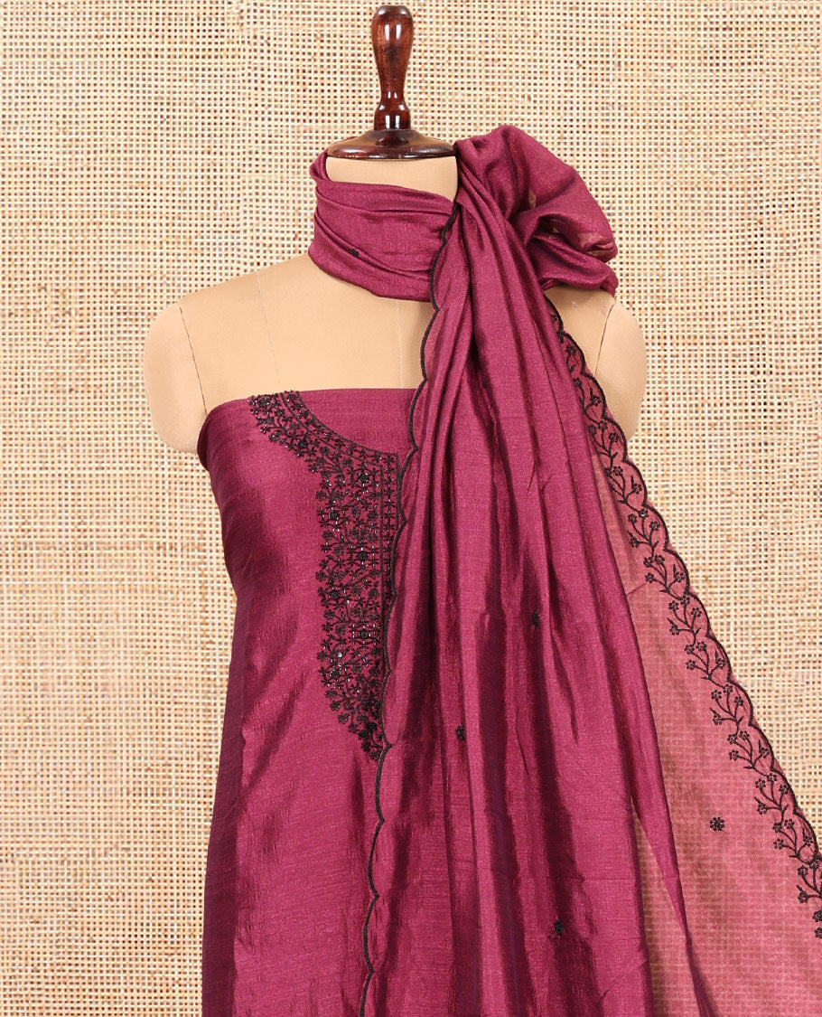 Wine Vichitra Silk Material Chudidar Set, Finely Crafted with Thread Embroidery Top, Matching Bottom, and Thread Work Dupatta