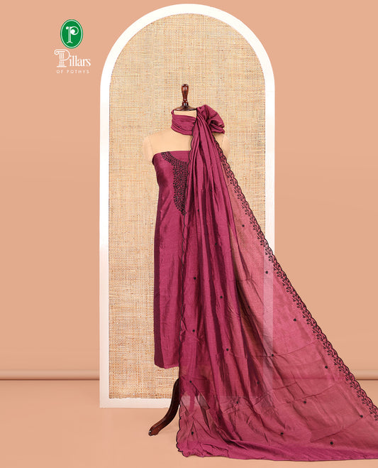 Wine Vichitra Silk Material Chudidar Set, Finely Crafted with Thread Embroidery Top, Matching Bottom, and Thread Work Dupatta