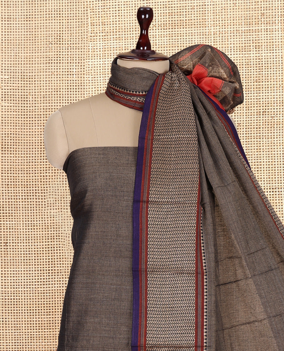 Dark Chikku Mercerised Cotton Material Churidar Features Plain Top, Contrast Traditional Thread Border, Plain Bottom, Matching Dupatta
