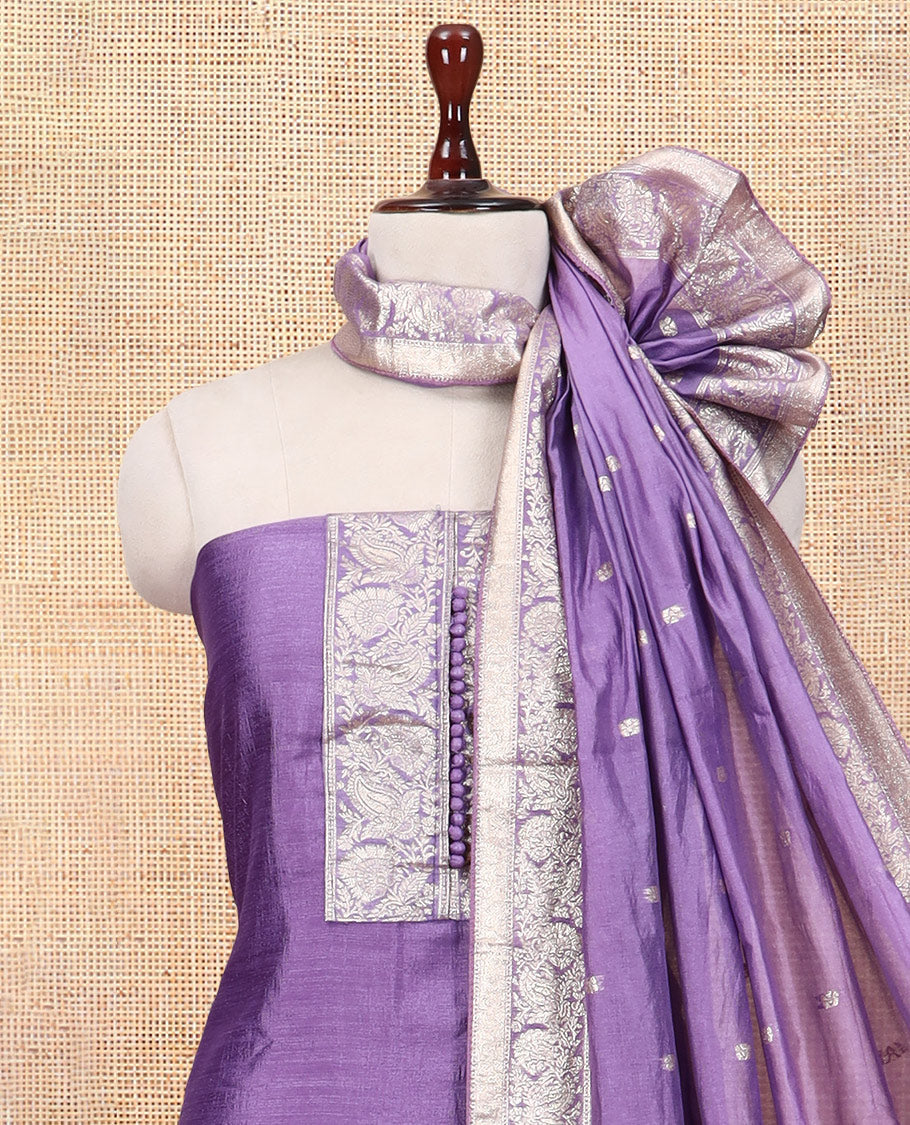 Lavender Material Churidar Set Features Gold Zari Neck Work Top, a Plain Santoon Bottom, a Banarasi Dupatta