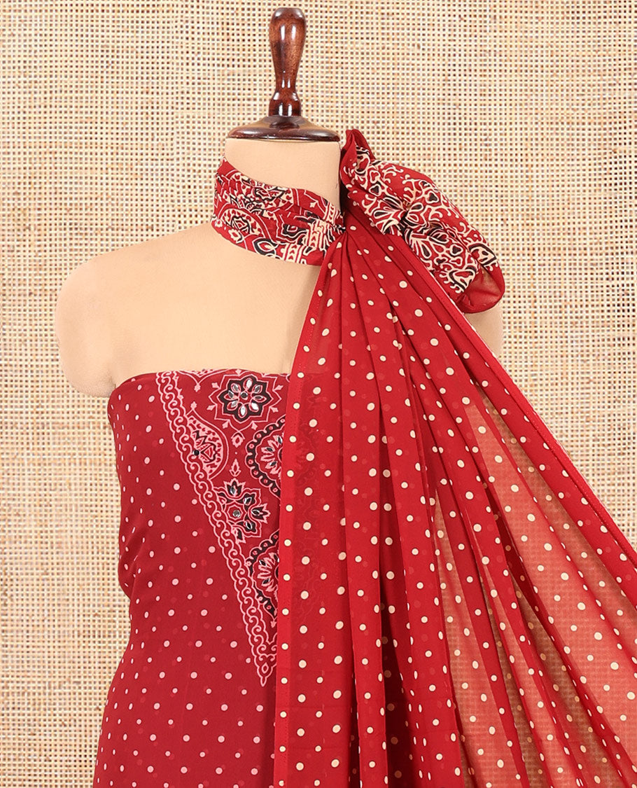 Maroon Georgette Material Churidar Set, Polka Dot and Ajrakh Neck Work Top, a Matching Bottom, and Ajrakh Printed Dupatta