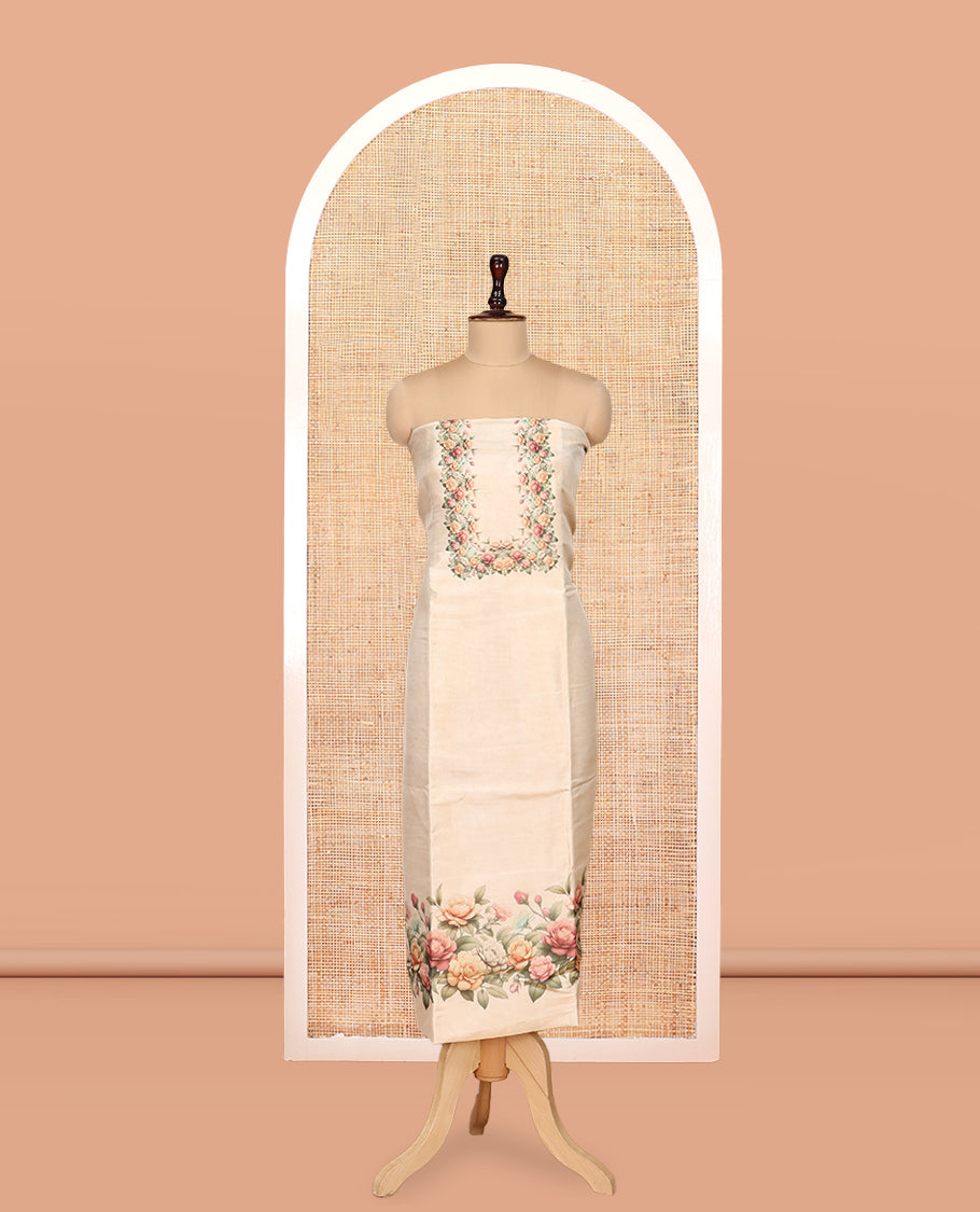 Gold-Chikku Tissue Material Churidar, Elevated with Rose Floral Printed Top, a Contrast Bottom, a Floral Printed Dupatta