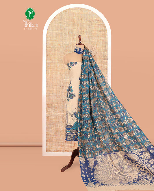 Chikku-Blue Cotton Material Chudidar, Kalamkari Print Skirt, Contrast Bottom, Kalamkari Print Dhavani