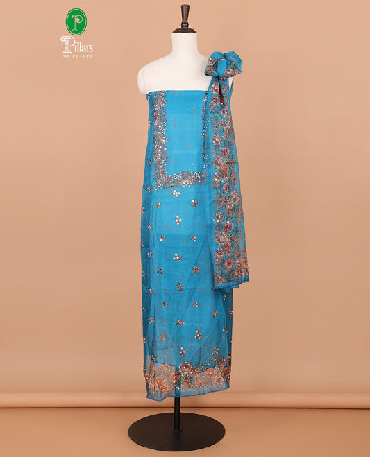 Blue floral print, stone, mirror work organza chudidhar material top with santoon material pant & floral print, mirror work dupatta