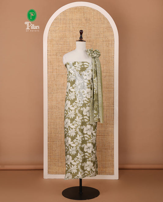 Green cotton chudidar material set,floral print & neck sequin embroidery top,stripes printed bottom & floral printed dupatta