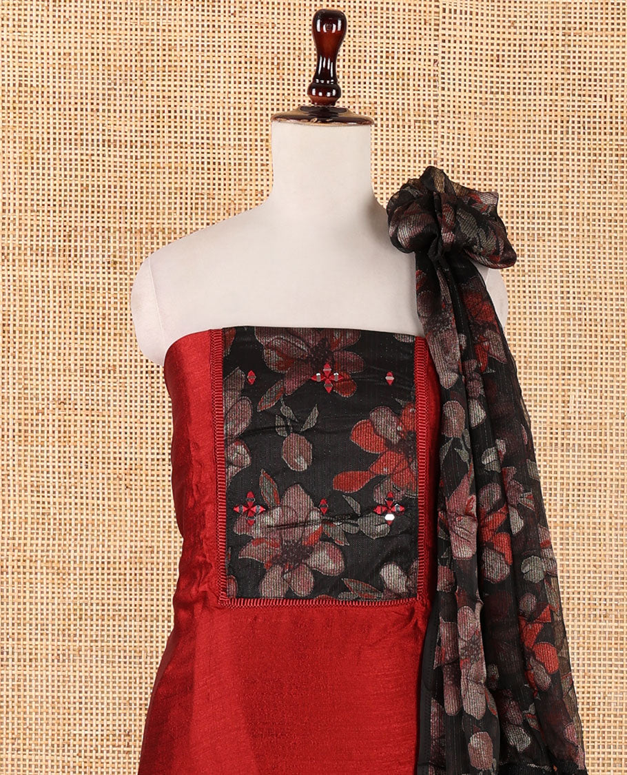Red material chudidar set,brasso floral print & mirror neck embroidery vichitra silk top,santoon bottom & floral print georgette dupatta